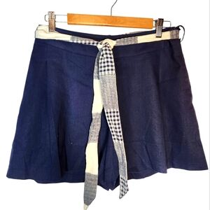 Hem & Thread Linen Shorts High Rise Navy Blue Pleated Patchwork Belt Cottagecore